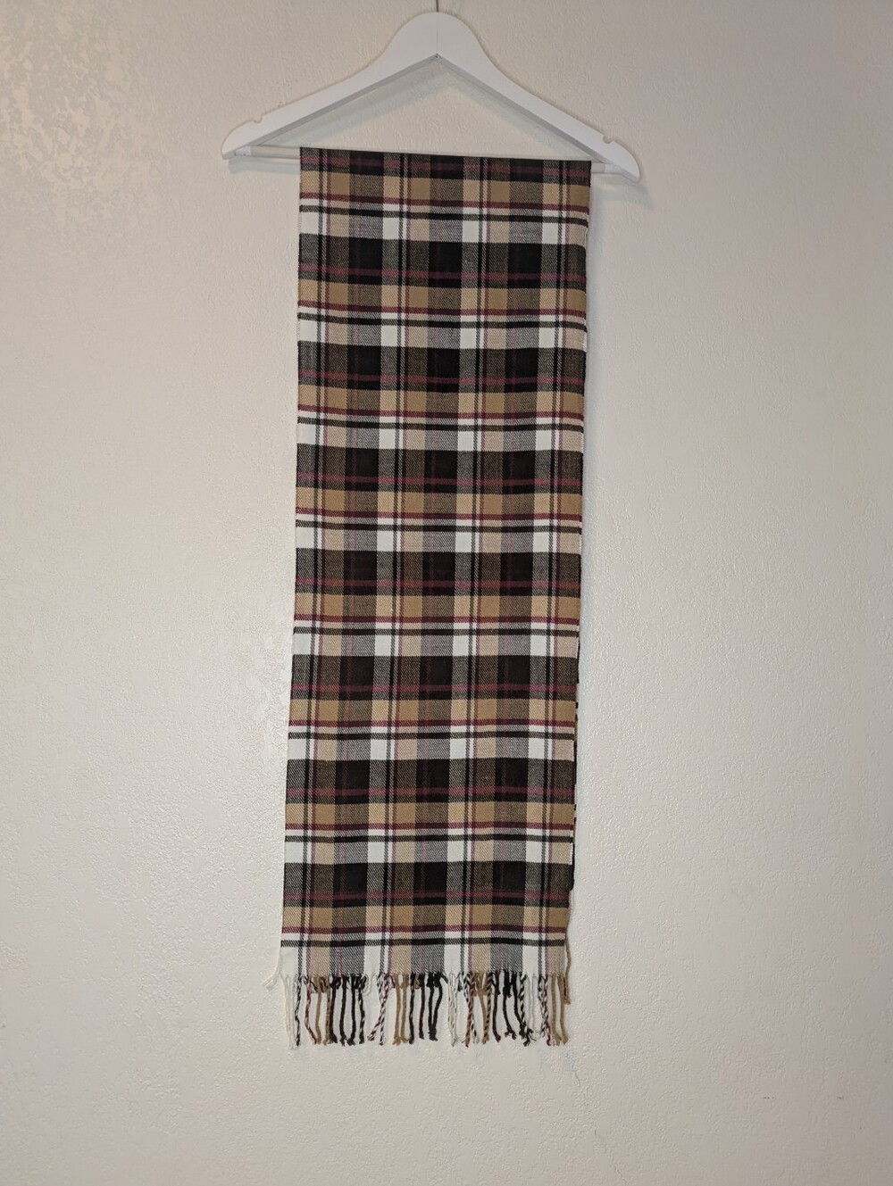 100% Cashmere Scarf Made In Scotland 72"X12" Brown/Cream/Burgundy